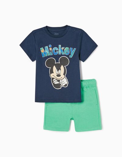 Conjunto T-shirt + Calções para Bebé Menino 'Mickey', Azul Escuro/Verde