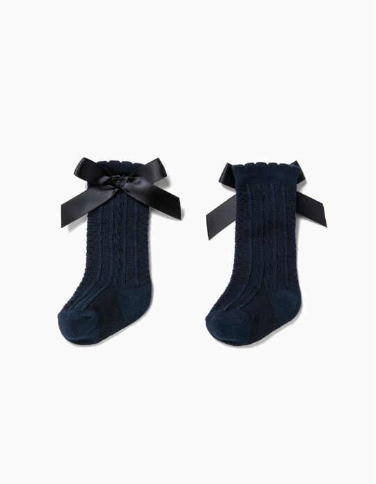 Meias Altas para Beb&eacute; Menina com La&ccedil;o, Azul Escuro