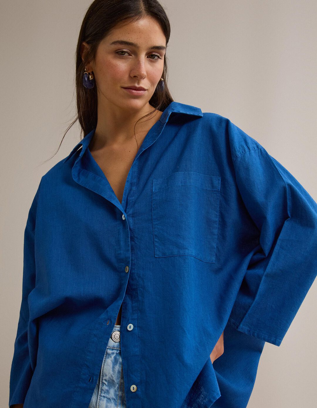 Blusa com Linho, Mulher, Azul 