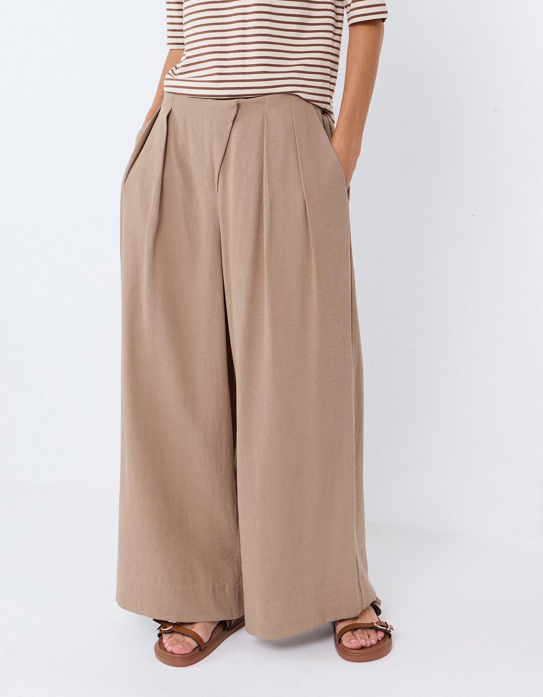 Cal&ccedil;as Wide Leg, Mulher, Bege Escuro