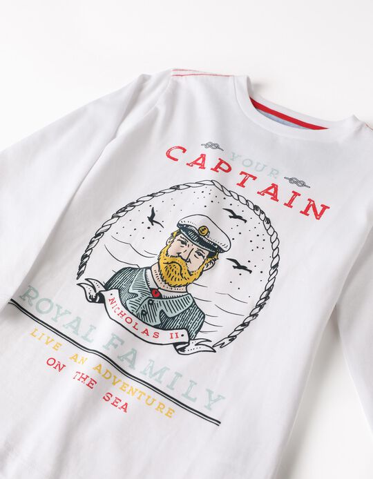 T-Shirt de Manga Comprida para Menino 'Captain', Branco