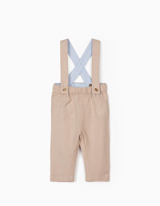 Linen Trousers with Straps for Newborn Baby Boys, Beige