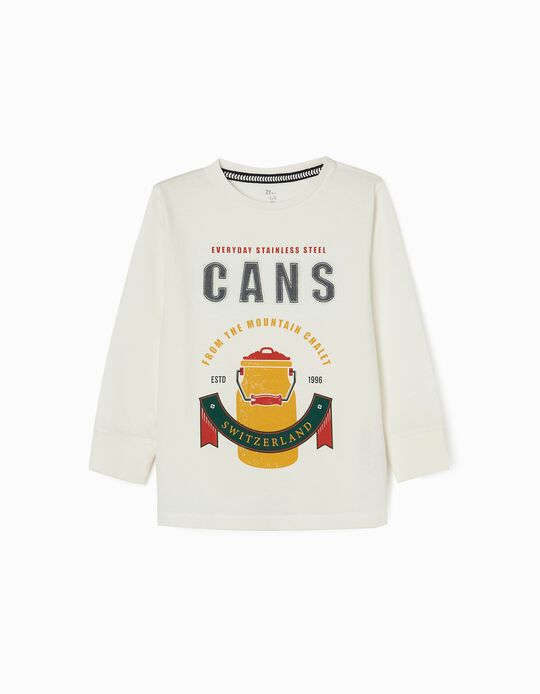 Long-Sleeve Cotton T-Shirt for Boys 'Cans', White
