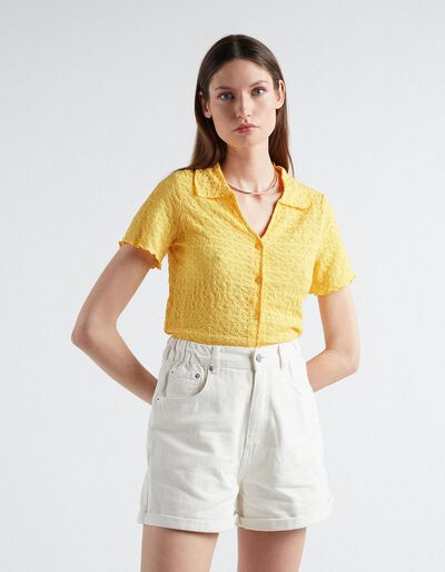 Textured Short Sleeve Shirt, Women, Dark Yellow