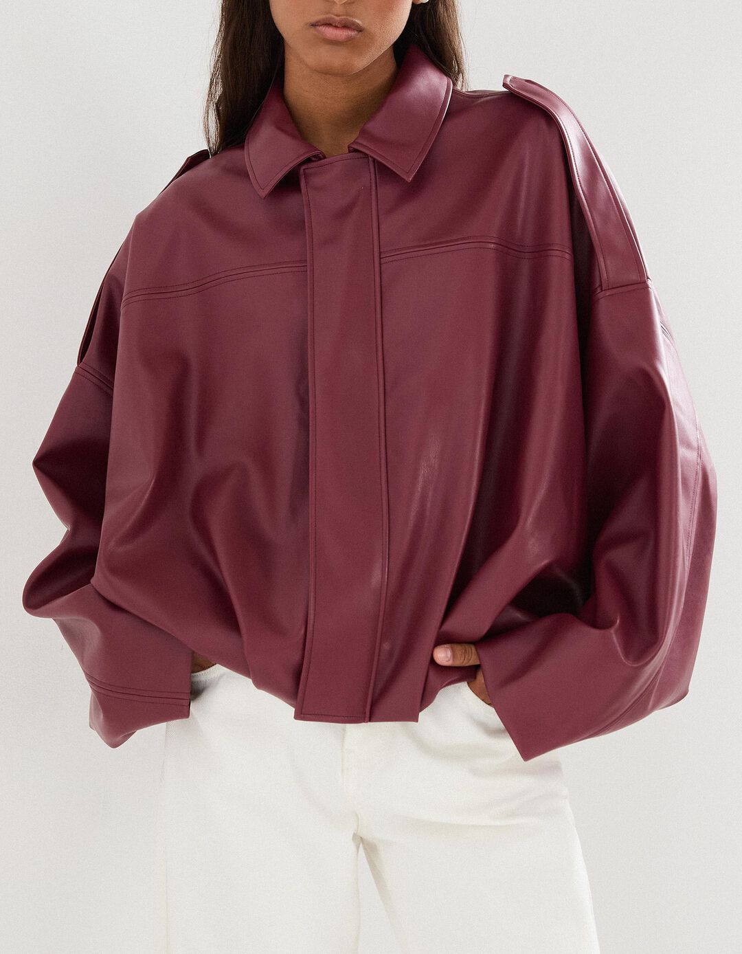 Casaco Bomber Efeito Pele, Mulher, Vermelho Escuro