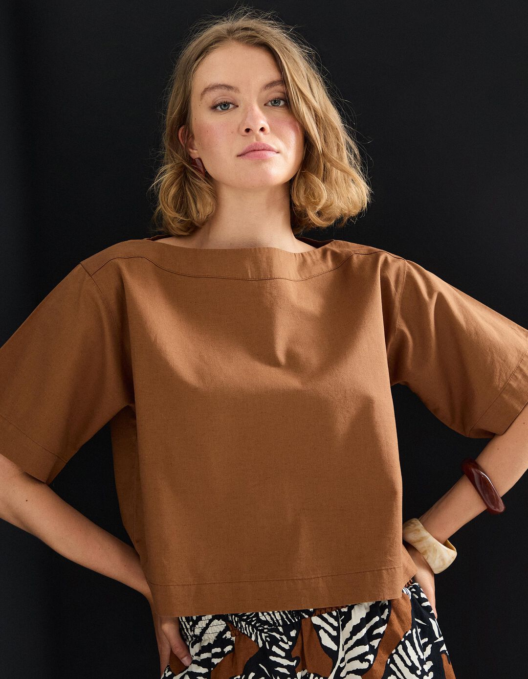 Blusa com Linho, Mulher, Castanho Claro 