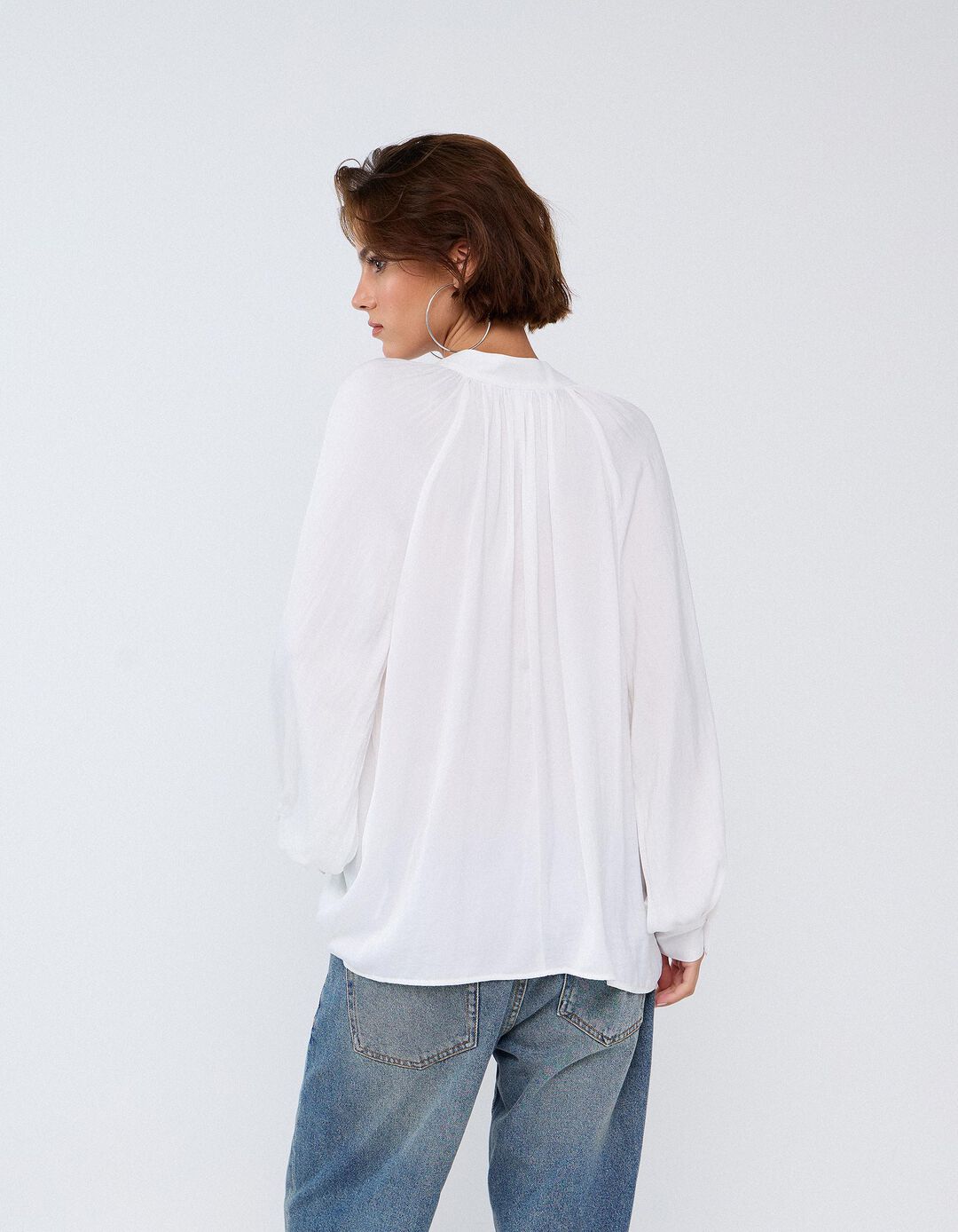 Bliusa Com Mangas Bal&atilde;o, Mulher, Branco