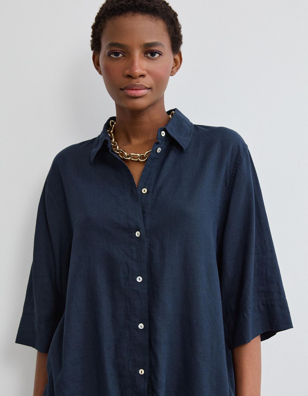 Camisa com Linho, Mulher, Azul Escuro