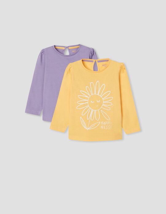 Pack of 2 Long Sleeve Tops, Baby Girls, Yellow/Purple