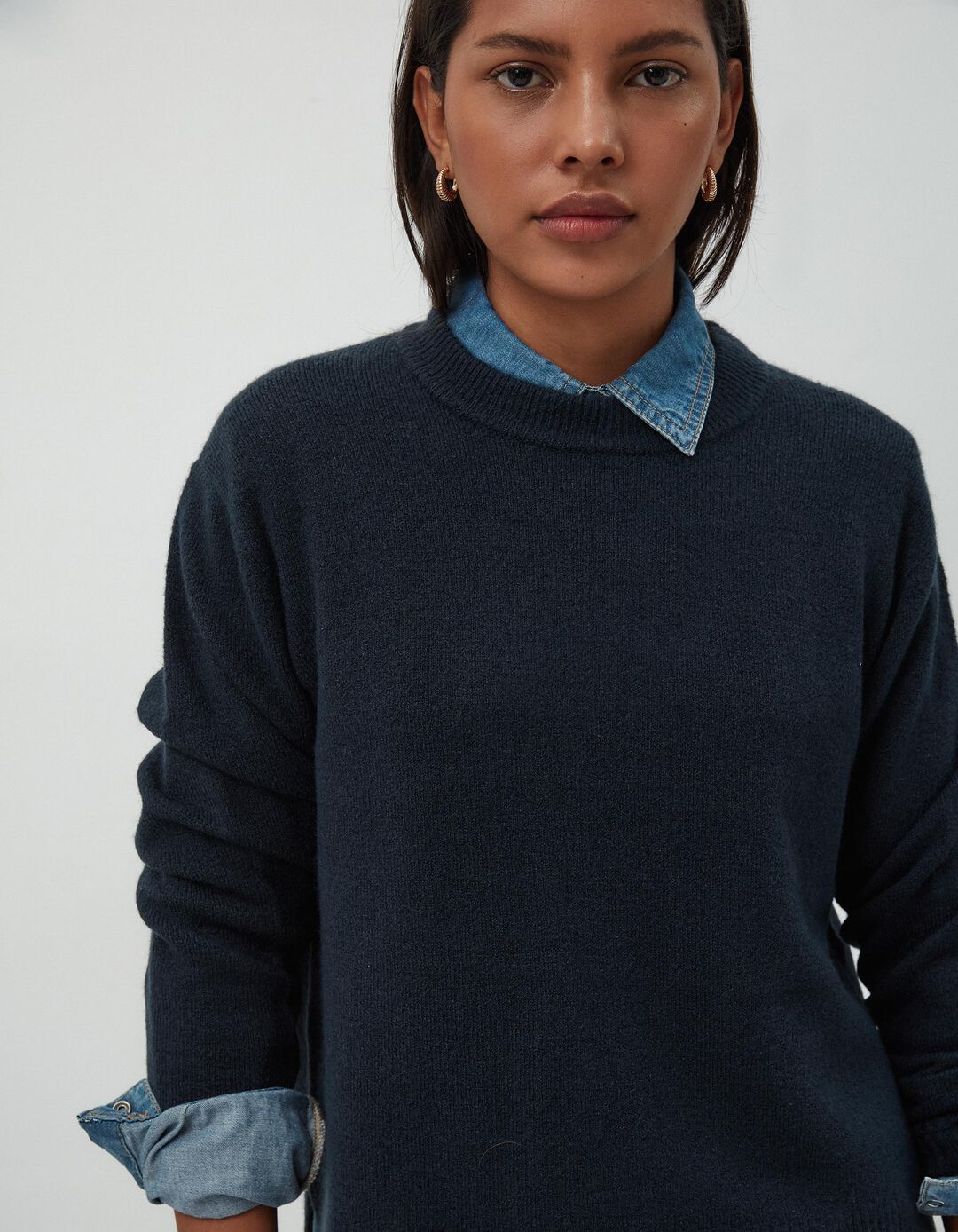 Camisola de Malha Decote Redondo, Mulher, Azul Escuro