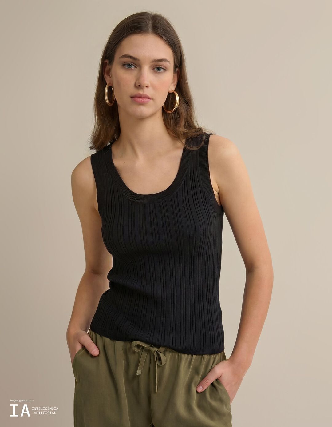 Top de Malha Canelada, Mulher, Preto