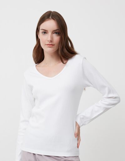 2 V Neck Long Sleeve Underwear T-shirts Pack, Women, White