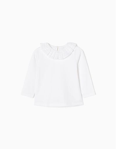 Cotton T-shirt with Frill Collar for Girls, White