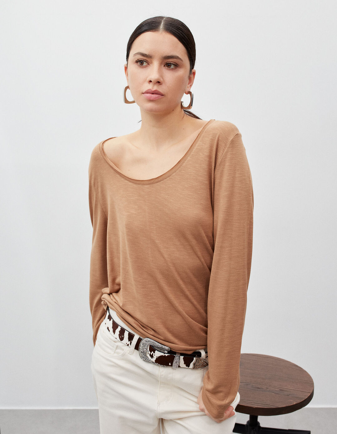 Slub Long Sleeve T-shirt, Woman, Light Brown