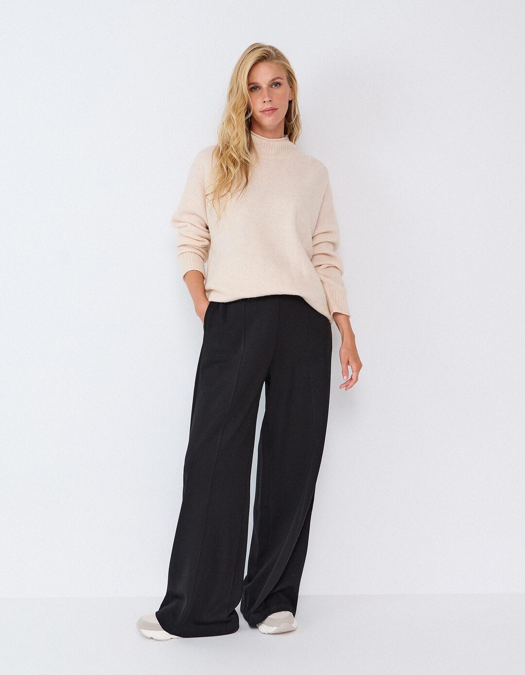 Cal&ccedil;as De Malha Interlock Wide Leg, Mulher, Preto