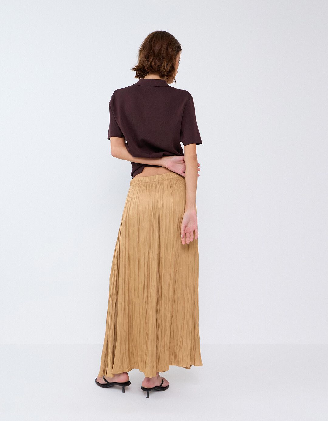 Saia Midi Fluida, Mulher, Bege