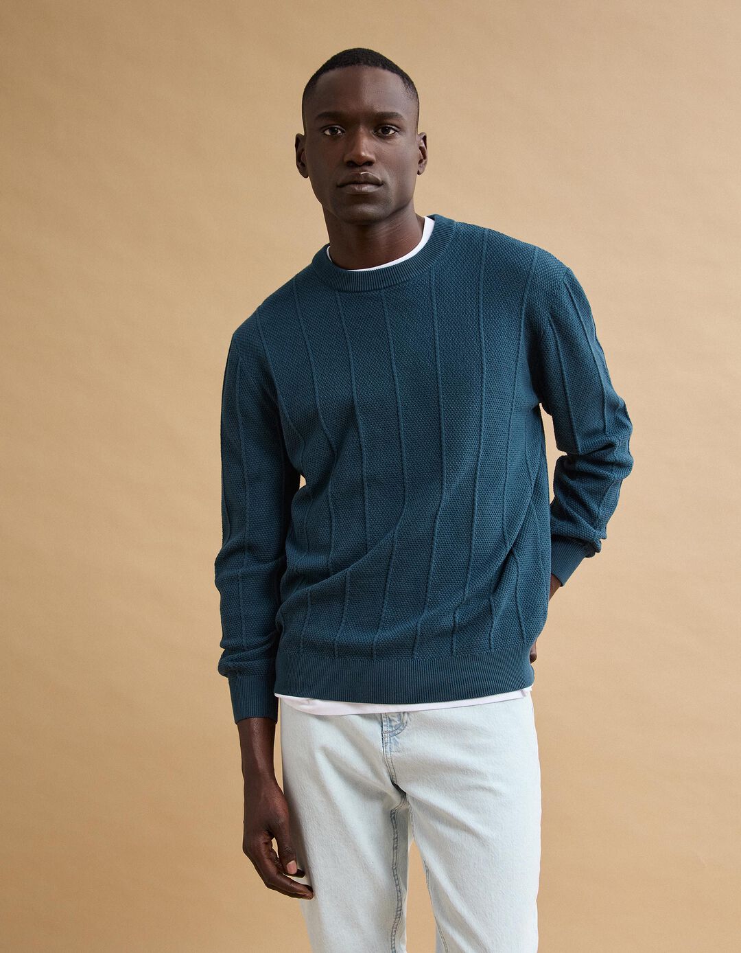 Camisola de Malha Jacquard, Homem, Azul Escuro