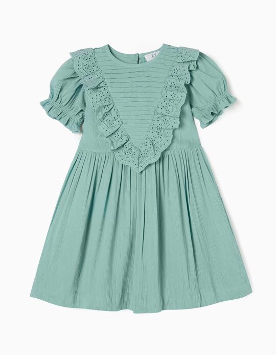Dress with Broderie Anglaise for Girls, Aqua Green