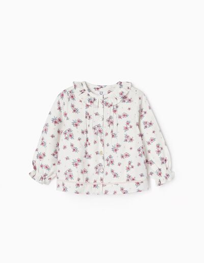 Cotton Floral Shirt for Baby Girls, White