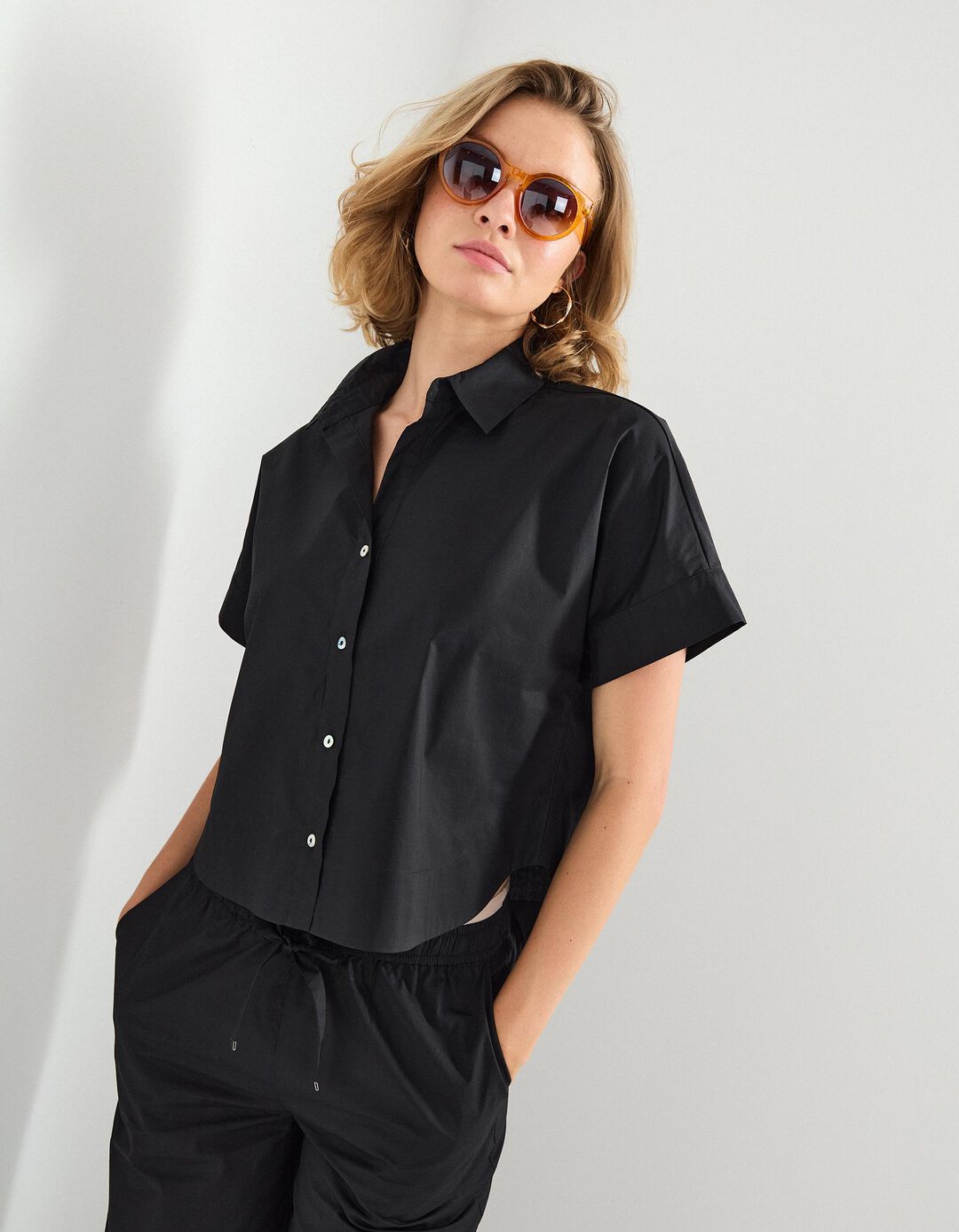 Camisa de Manga Curta, Mulher, Preto 