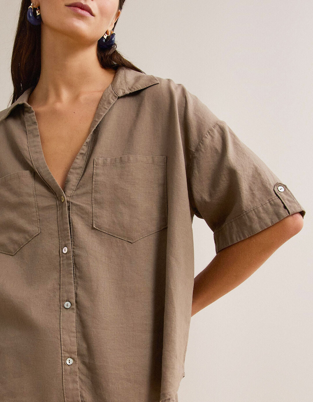 Blusa com linho, Mulher, Bege Escuro