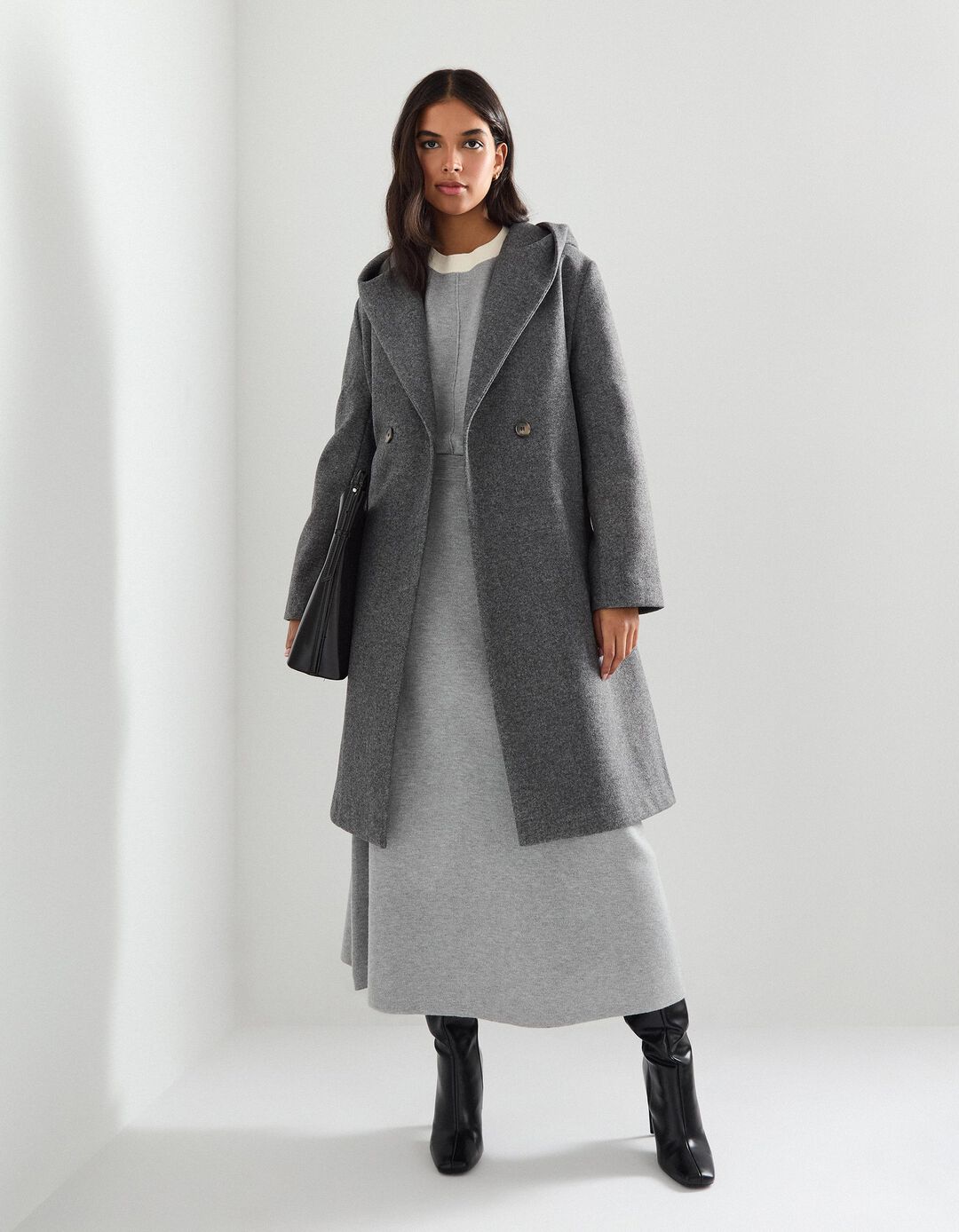 Casaco Comprido com Capuz, Mulher, Cinzento Escuro