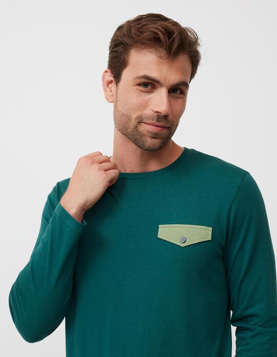 Long Sleeved Pyjamas T-Shirt, Men, Dark Green