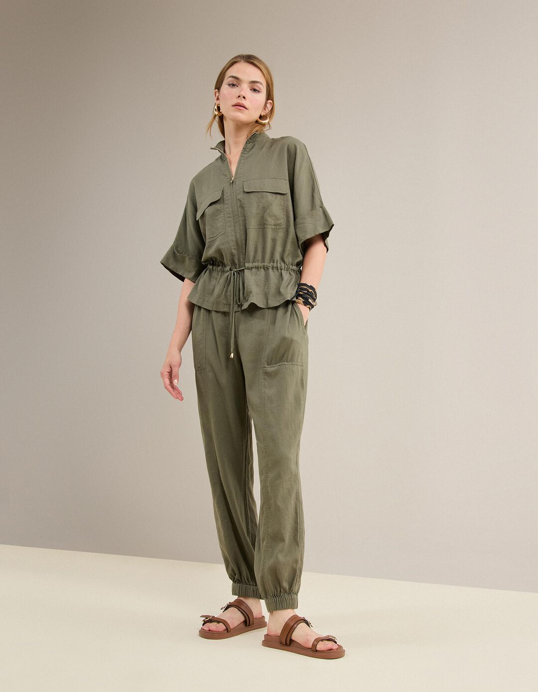 Cal&ccedil;as Joggers Com Linho, Mulher, Verde