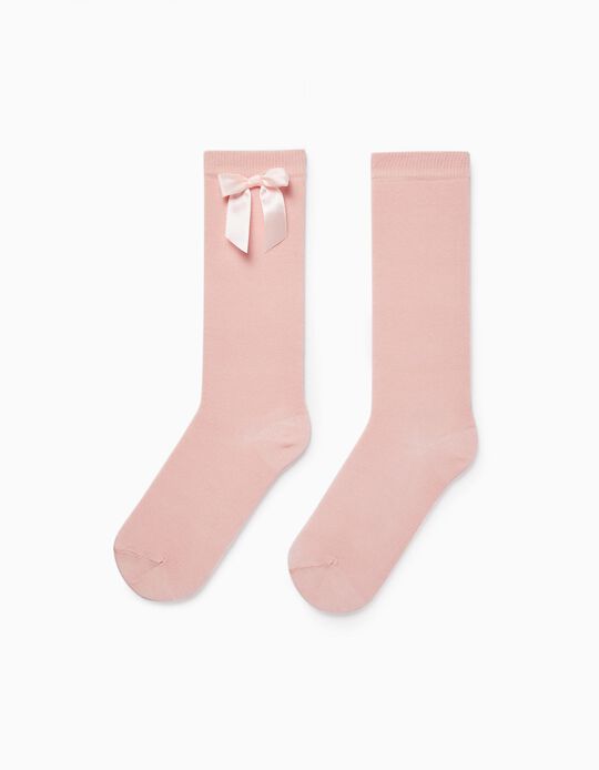 Knee-High Socks with Satin Bow for Girls, Pink