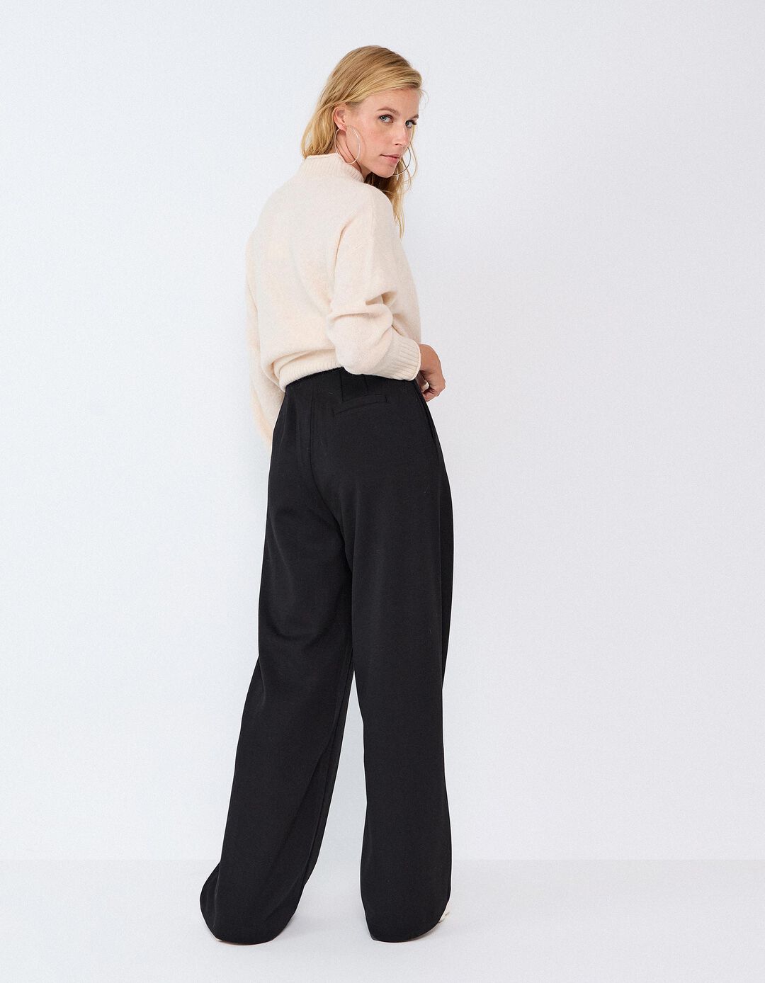 Cal&ccedil;as De Malha Interlock Wide Leg, Mulher, Preto