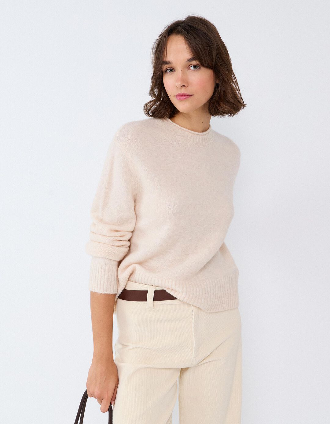 Camisola Em Mistura De L&atilde; E Alpaca, Mulher, Bege Claro