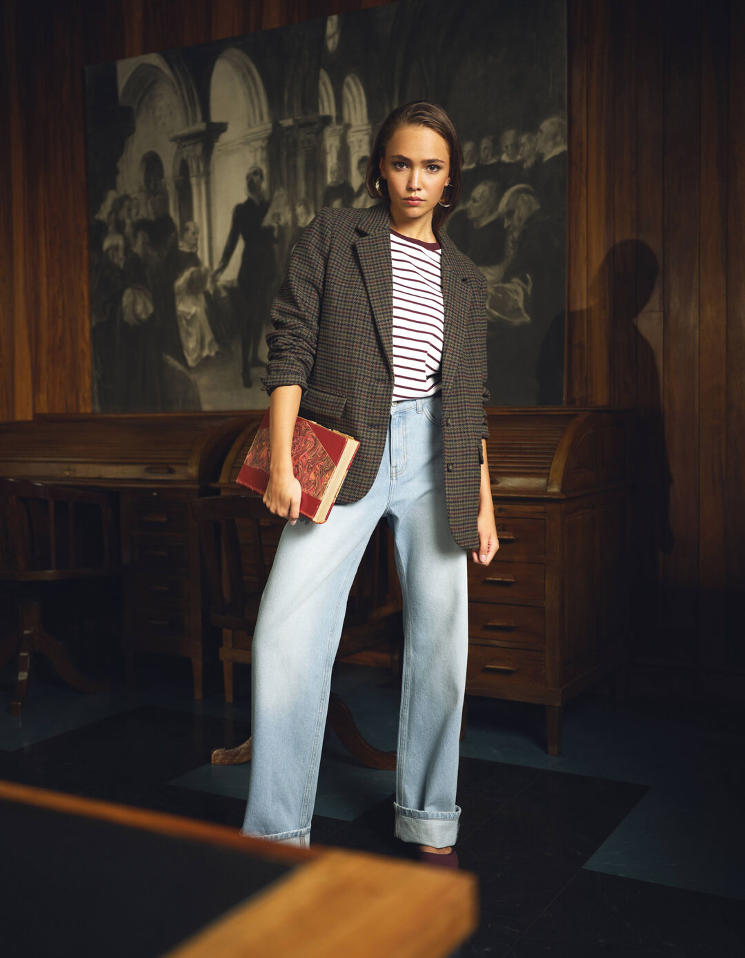 Blazer Xadrez, Mulher, Cinzento