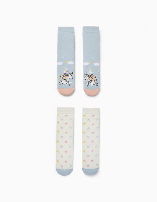 2-Pack Non-Slip Socks for Girls 'Unicorns', White/Blue