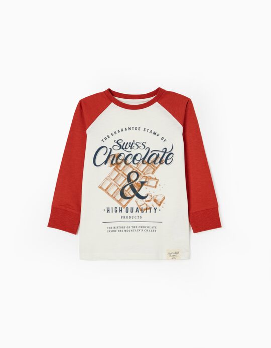 Long Sleeve Cotton T-shirt for Boys 'Swiss Chocolate', White/Orange