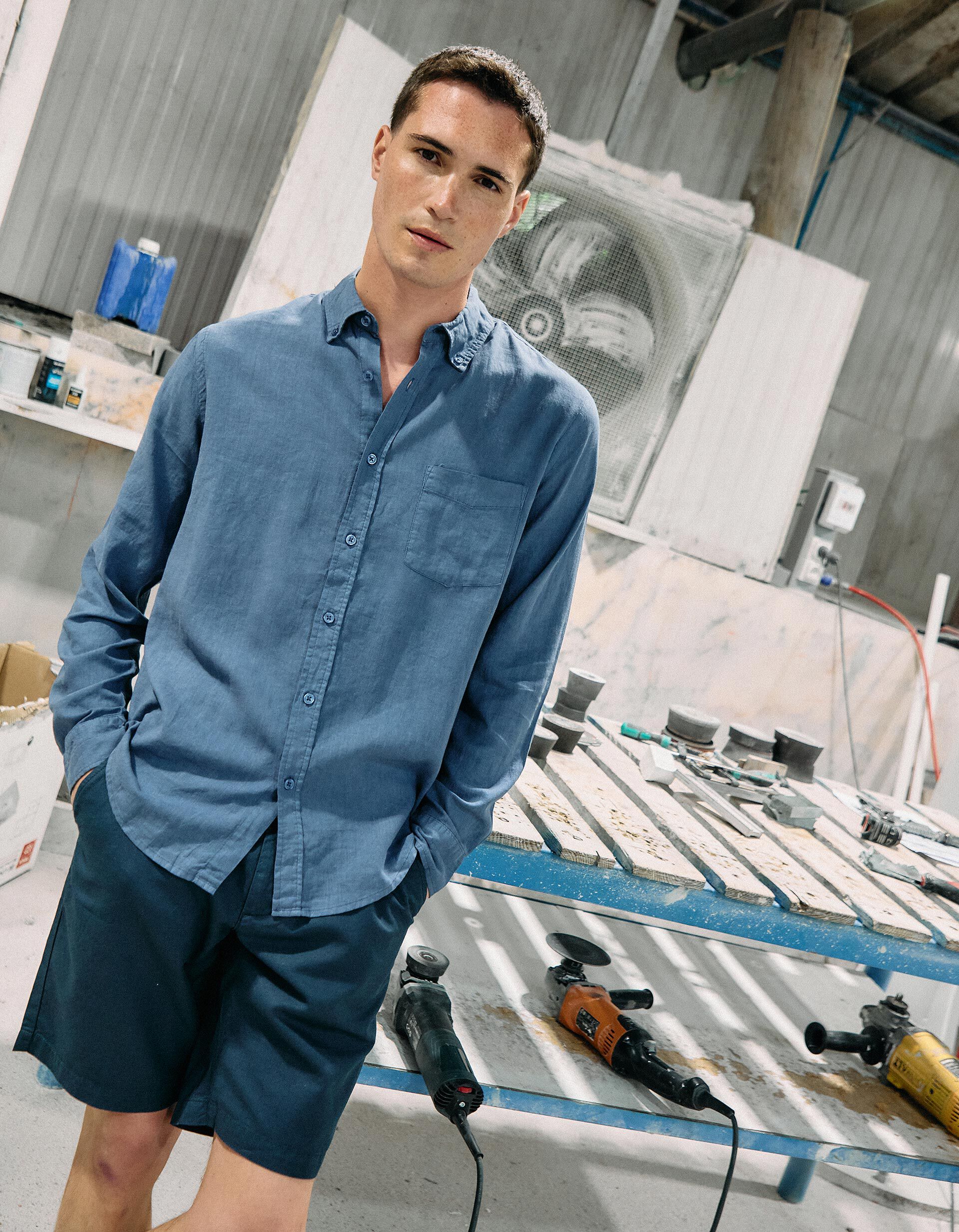 Camisa Social Outfit SuÃ©ter Azul Camisa Com Linho, Homem, Azul MO