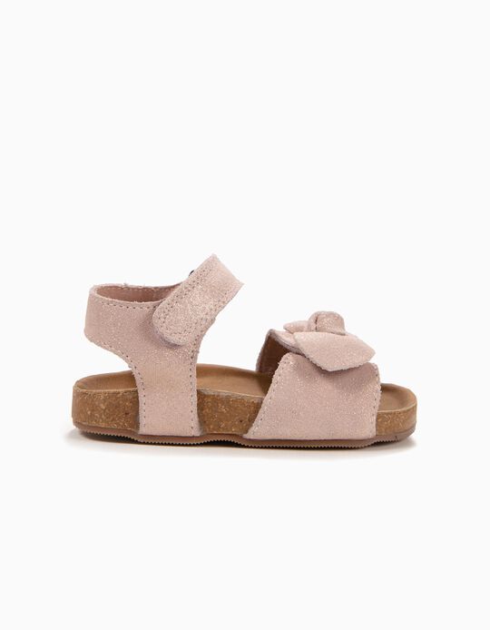 Sand&aacute;lias de Camur&ccedil;a para Beb&eacute; Menina com La&ccedil;o, Rosa