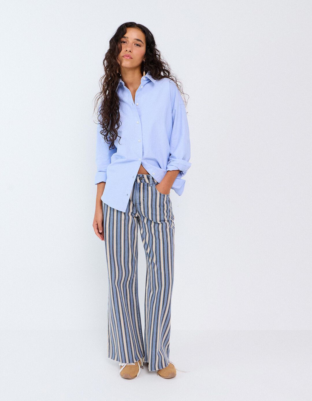 Cal&ccedil;as De Ganga Wide Leg &Agrave;s Riscas, Mulher, Azul