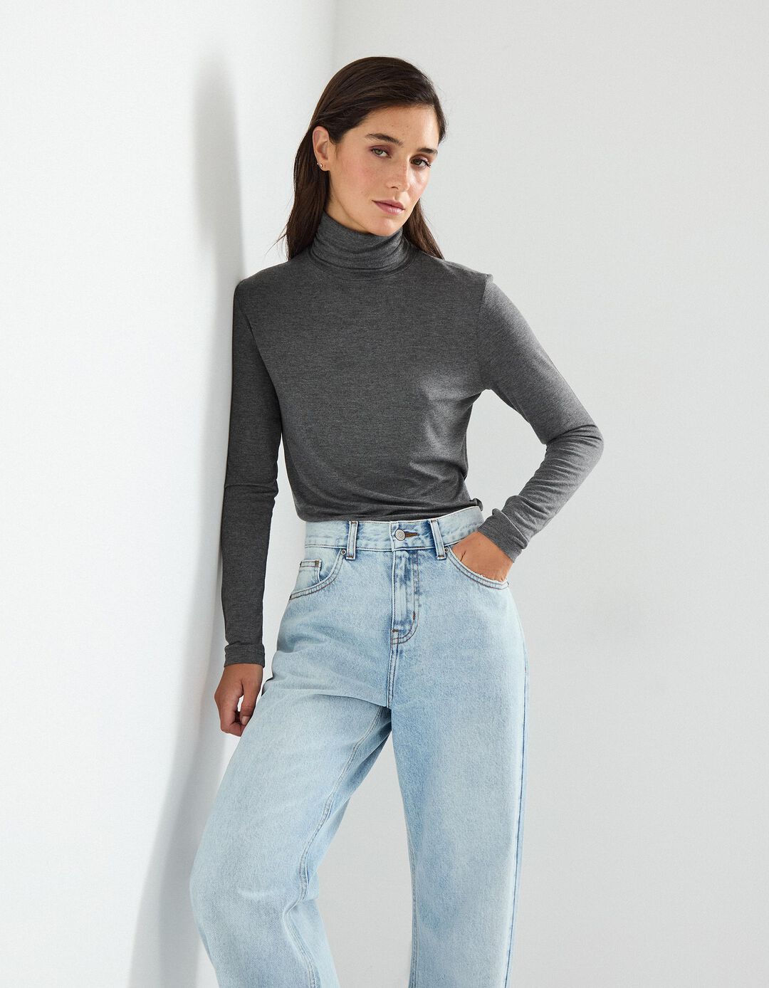 Camisola com Gola Alta, Mulher, Cinzento