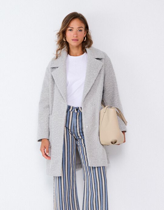 Comprar Online Casaco Midi Efeito Boucl&eacute;, Mulher, Cinzento Claro