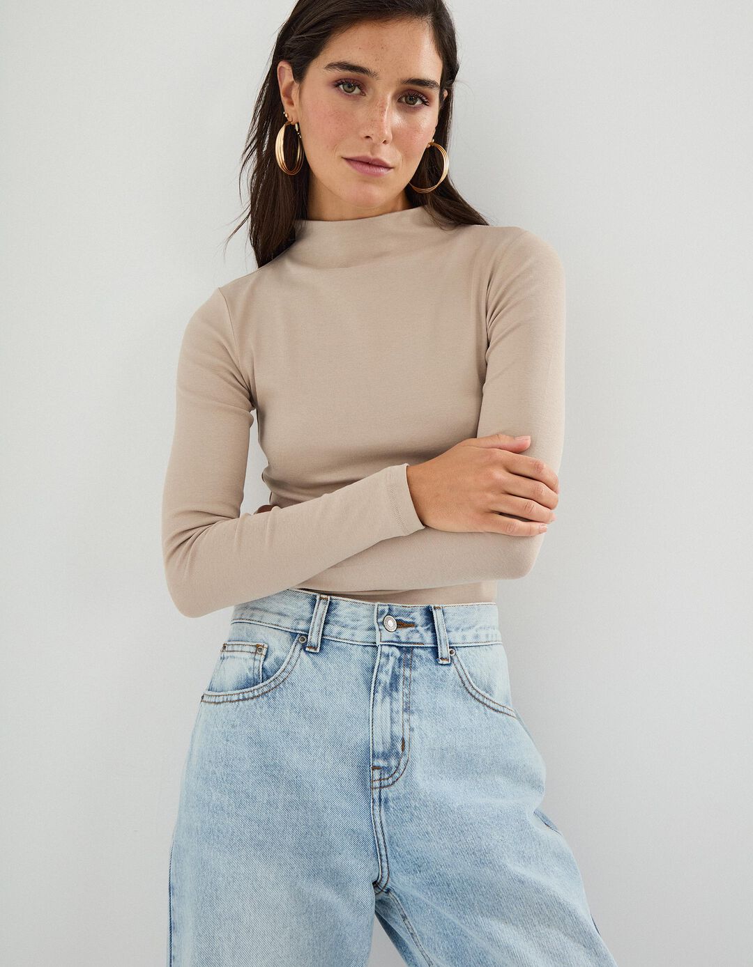 Camisola com Gola Alta, Mulher, Bege