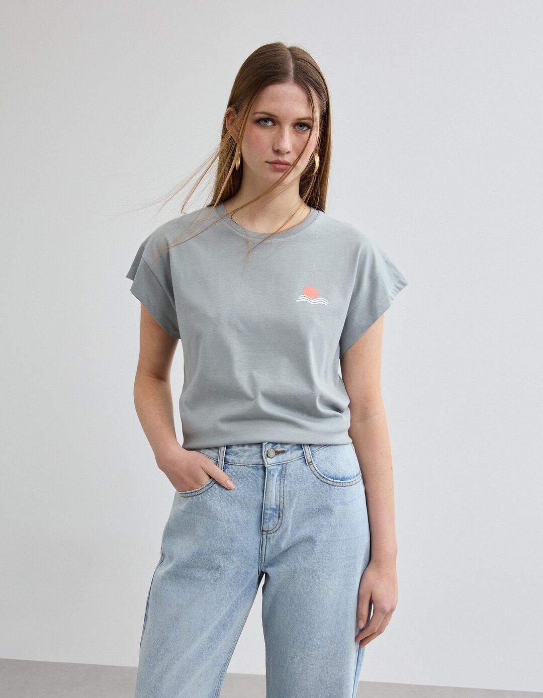 T-shirt Estampado, Mulher, Cinzento Claro