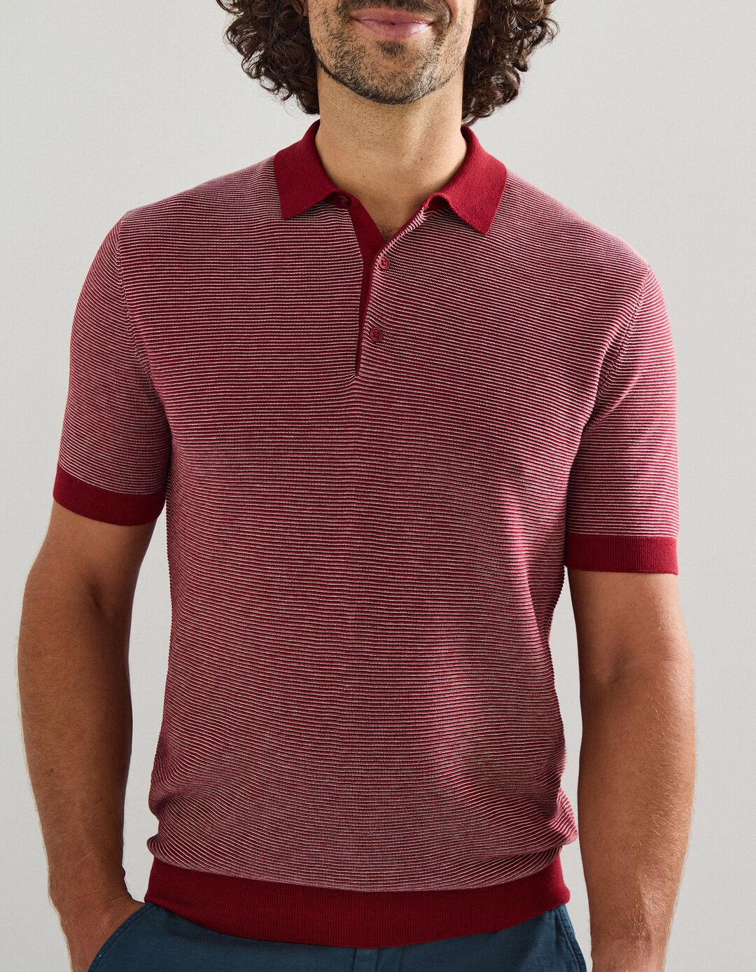 Polo de Malha com Riscas, Homem, Vermelho Escuro