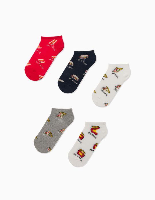 5 Pairs of No Show Socks for Boys, 'Fast Food', Multicoloured