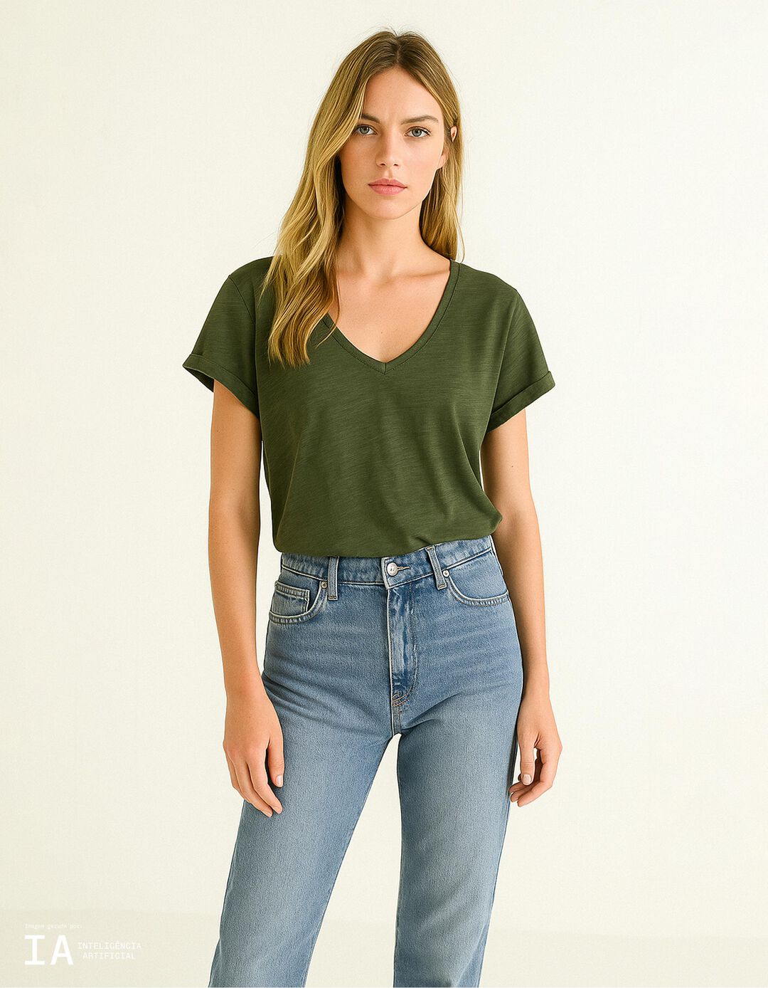 T-shirt Decote em V, Mulher, Verde Escuro
