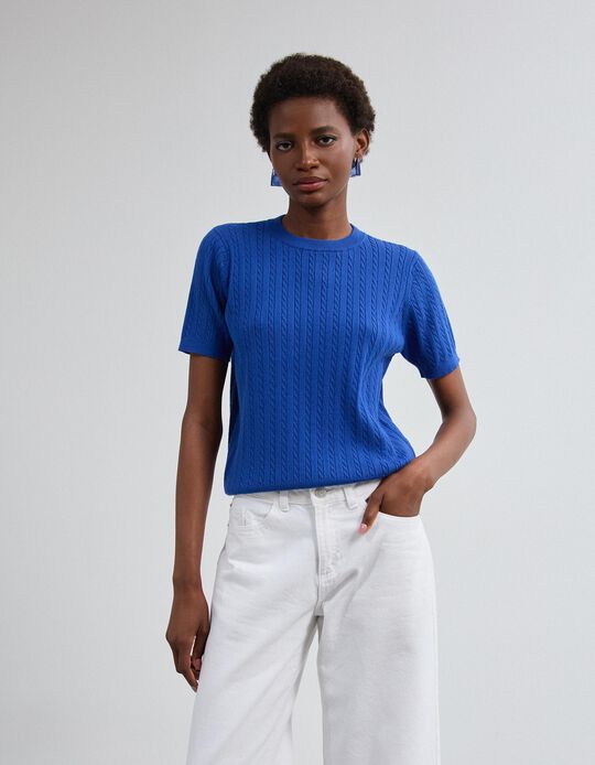 Comprar Online Camisola Tricotada Manga Curta, Mulher, Azul