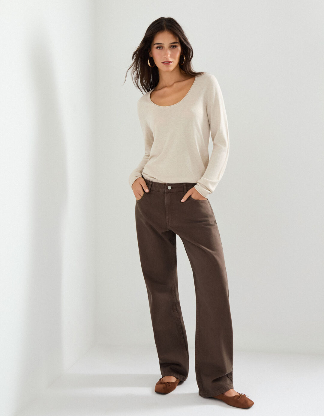 Calças de Ganga 'Straight Fit', Mulher, Castanho Escuro