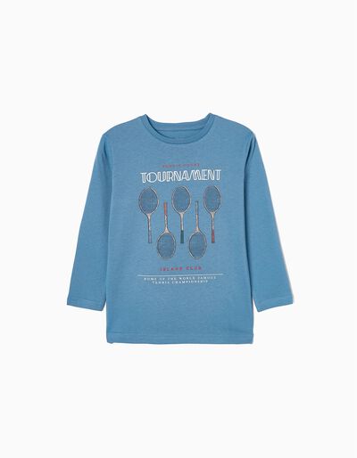T-shirt de Manga Comprida em Algodão para Menino 'Tennis', Azul