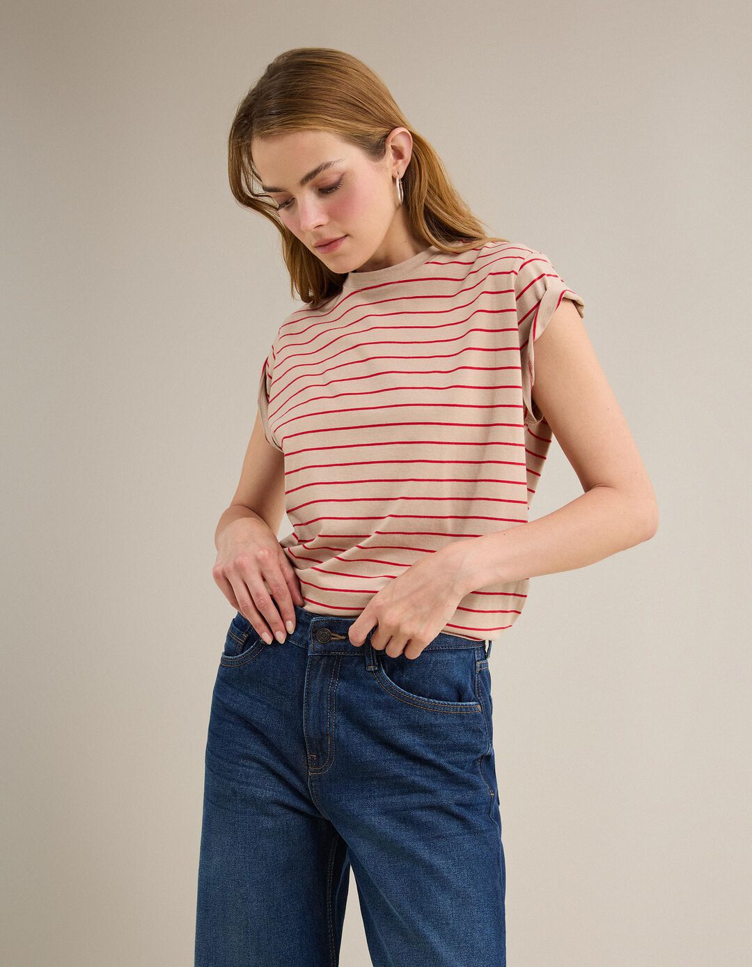 T-shirt &agrave;s Riscas, Mulher, Bege