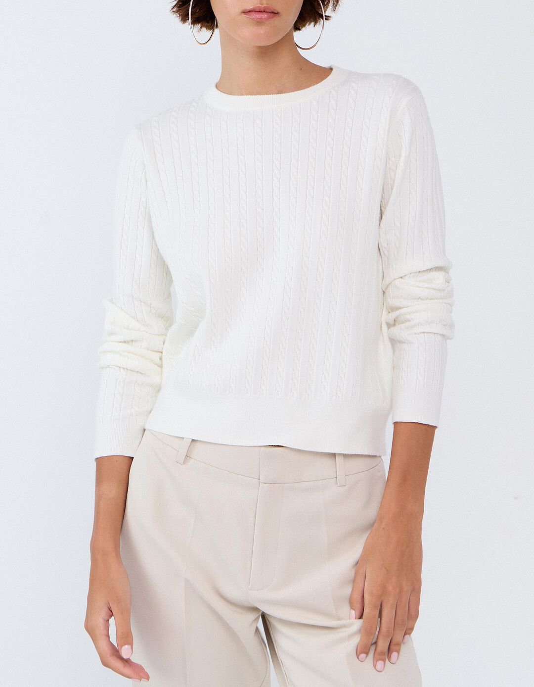Sweater Tricotada Com Viscose, Mulher, Bege Claro