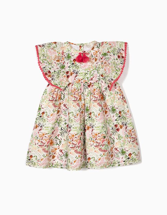 Vestido para Beb&eacute; Menina 'Flores' com Borlas, Branco
